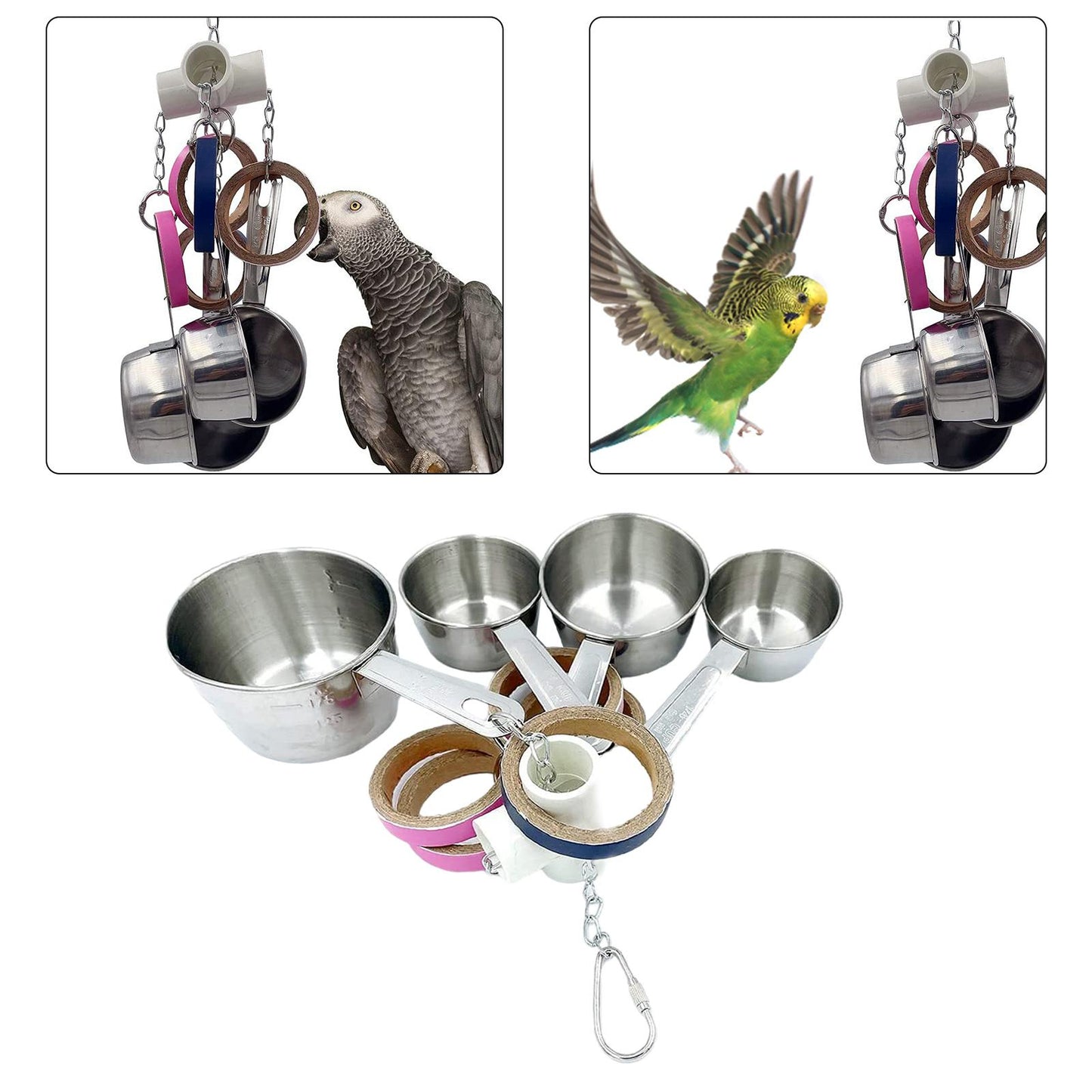 4 Pots and Bagel Stainless Steel Cups Parrot Toys