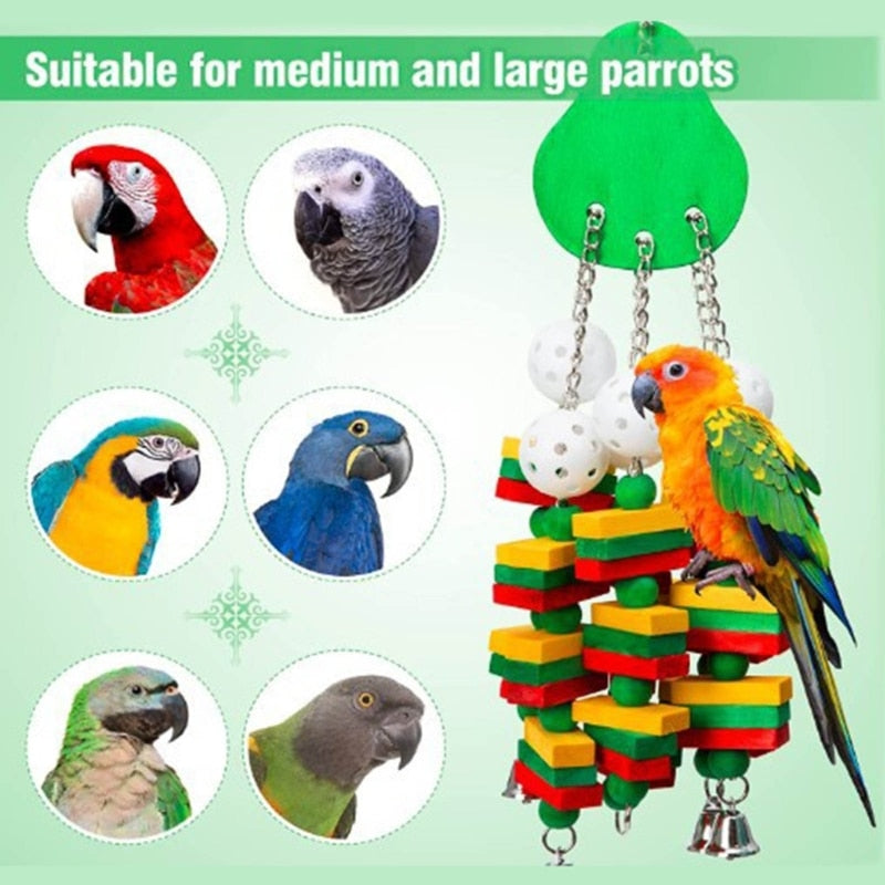 Hanging Wooden Block Climb Chew Toy for Medium to Large Birds
