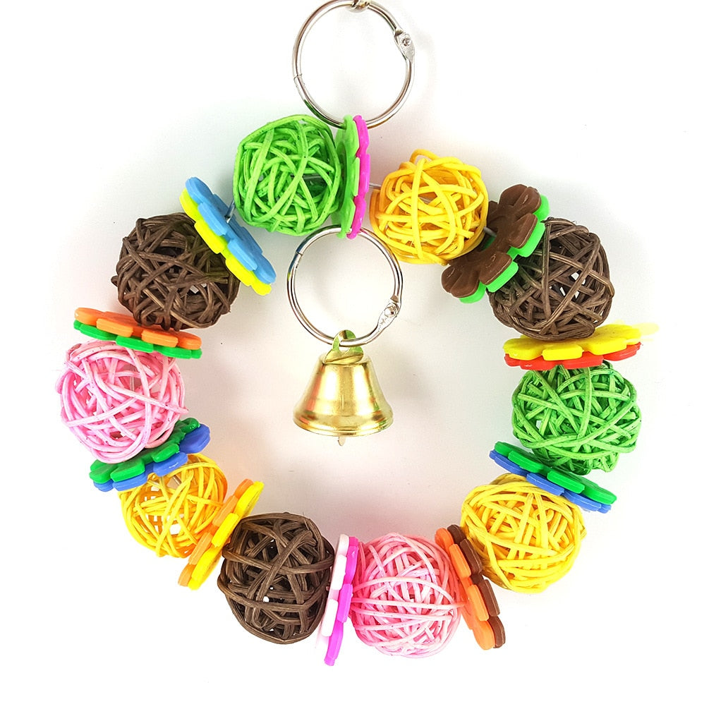 Rattan Balls Ring Perch with Bell Bird Toys