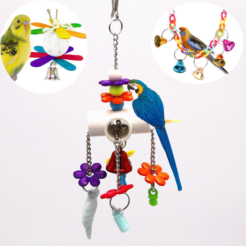 Colorful Beads Bells Parrots Toys Budgie Parakeet Cage African Grey