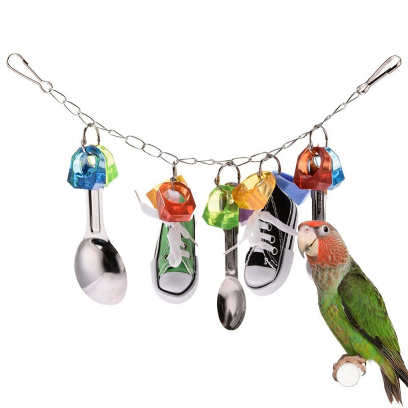 Parrot Bite Toy Birds Funny Chewing Toy Sports Shoes And Metal Spoon String Design Sound Toy Bird Accessories 1pcs